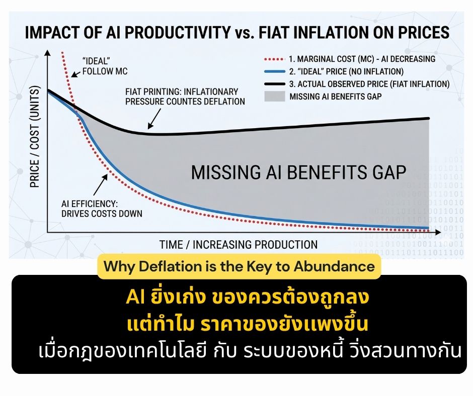 AI ยิ่งเก่ง ของควรต้องถูกลงแต่ทำไม ราคาของยังเเพงขึ้นเมื่อกฎของเทคโนโลยี กับ ระบบของหนี้&nbsp;วิ่งสวนทางกัน